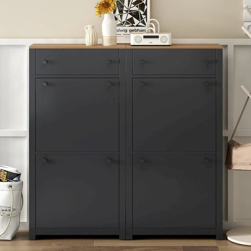 Slim Shoe Cabinet Set with 4 Flip Drawers,Wood Grain Pattern Top Shoe with Adjustable Panel,Shoe Rack with Drawers for Hallway