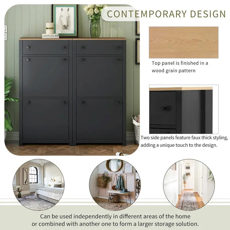 Slim Shoe Cabinet Set with 4 Flip Drawers,Wood Grain Pattern Top Shoe with Adjustable Panel,Shoe Rack with Drawers for Hallway
