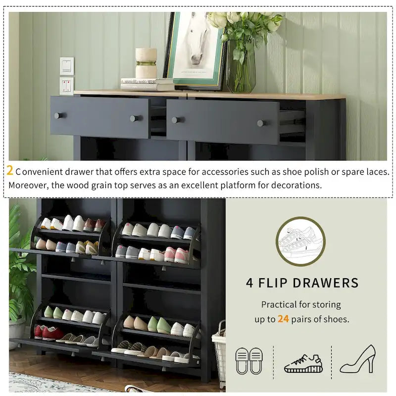 Slim Shoe Cabinet Set with 4 Flip Drawers,Wood Grain Pattern Top Shoe with Adjustable Panel,Shoe Rack with Drawers for Hallway