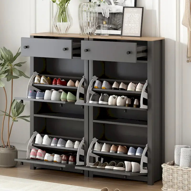Slim Shoe Cabinet Set with 4 Flip Drawers,Wood Grain Pattern Top Shoe with Adjustable Panel,Shoe Rack with Drawers for Hallway