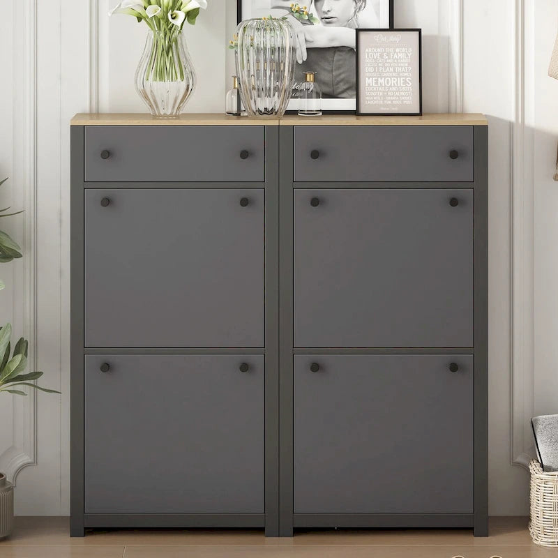 Slim Shoe Cabinet Set with 4 Flip Drawers,Wood Grain Pattern Top Shoe with Adjustable Panel,Shoe Rack with Drawers for Hallway