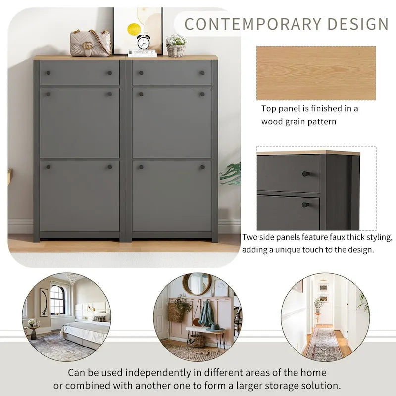 Slim Shoe Cabinet Set with 4 Flip Drawers,Wood Grain Pattern Top Shoe with Adjustable Panel,Shoe Rack with Drawers for Hallway