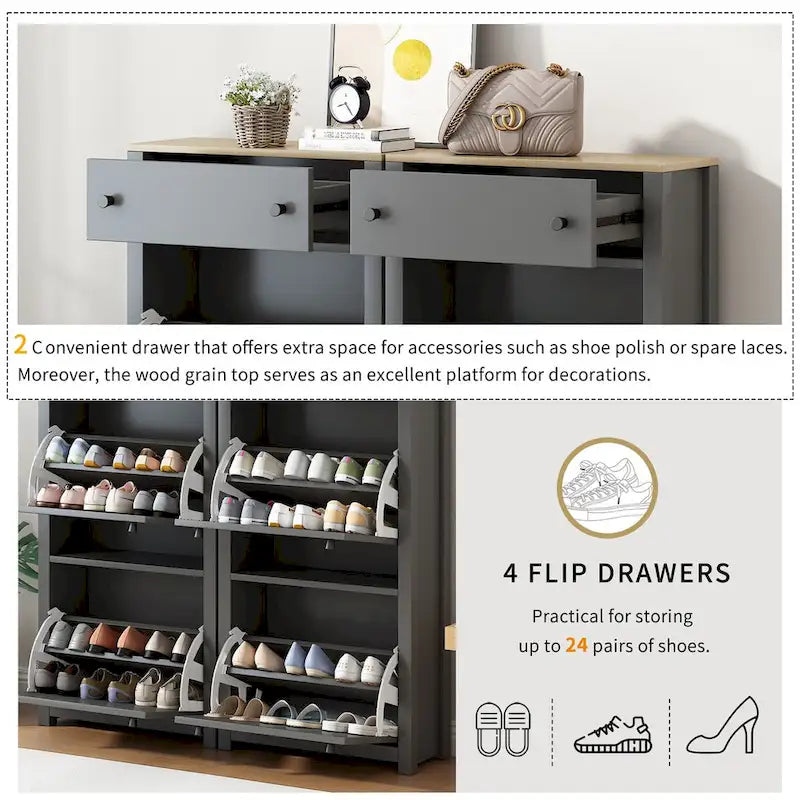 Slim Shoe Cabinet Set with 4 Flip Drawers,Wood Grain Pattern Top Shoe with Adjustable Panel,Shoe Rack with Drawers for Hallway