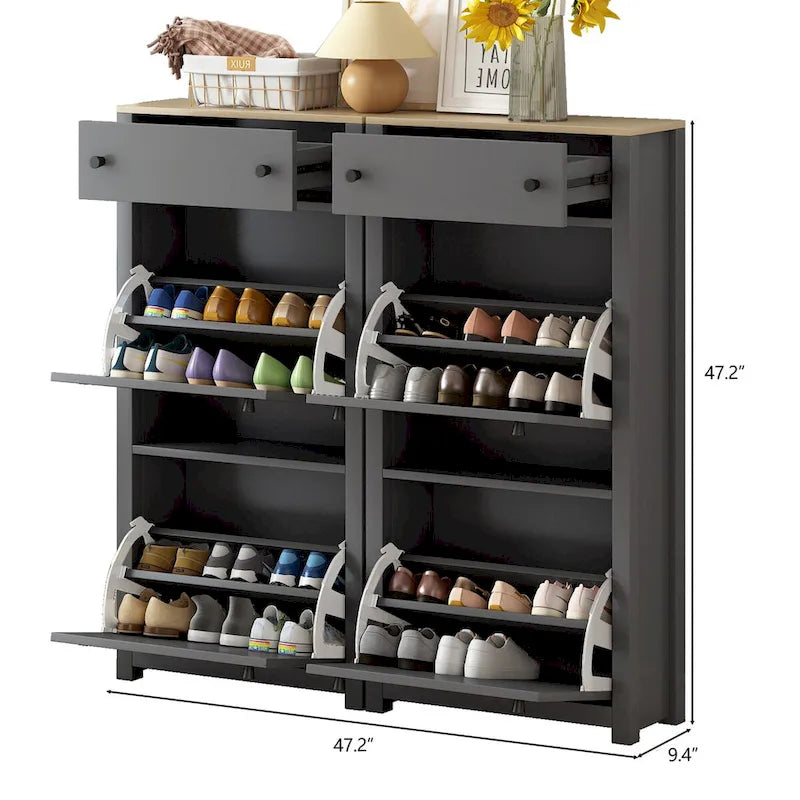 Slim Shoe Cabinet Set with 4 Flip Drawers,Wood Grain Pattern Top Shoe with Adjustable Panel,Shoe Rack with Drawers for Hallway