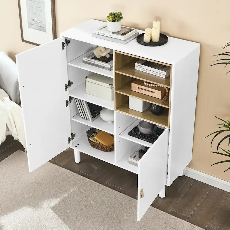 Storage cabinet with door, multifunctional,modern sideboard cabinet, wooden storage cabinet, leather handle drawer cabinet