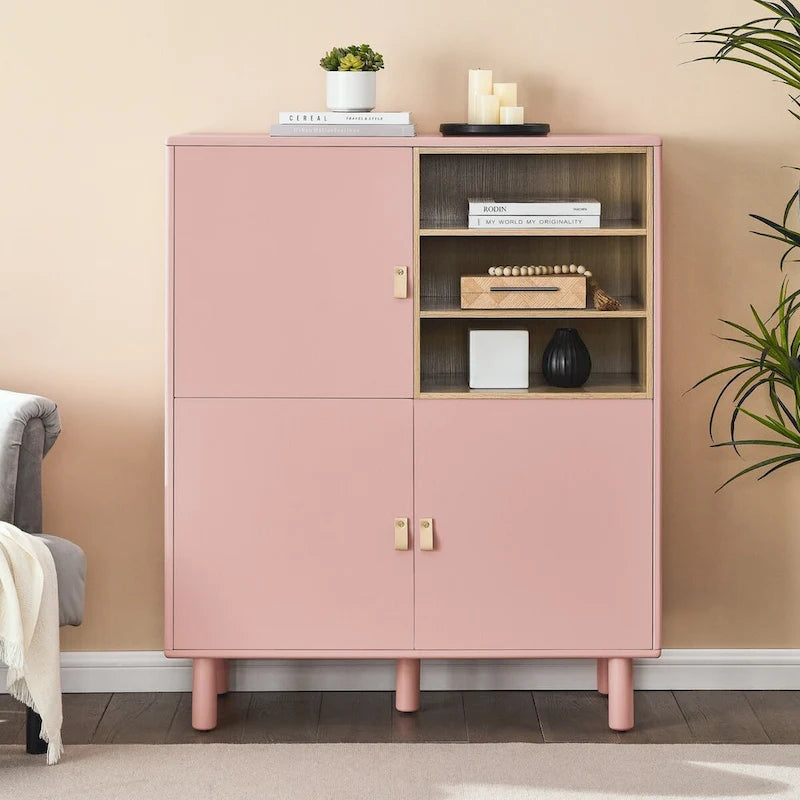Storage cabinet with door, multifunctional,modern sideboard cabinet, wooden storage cabinet, leather handle drawer cabinet