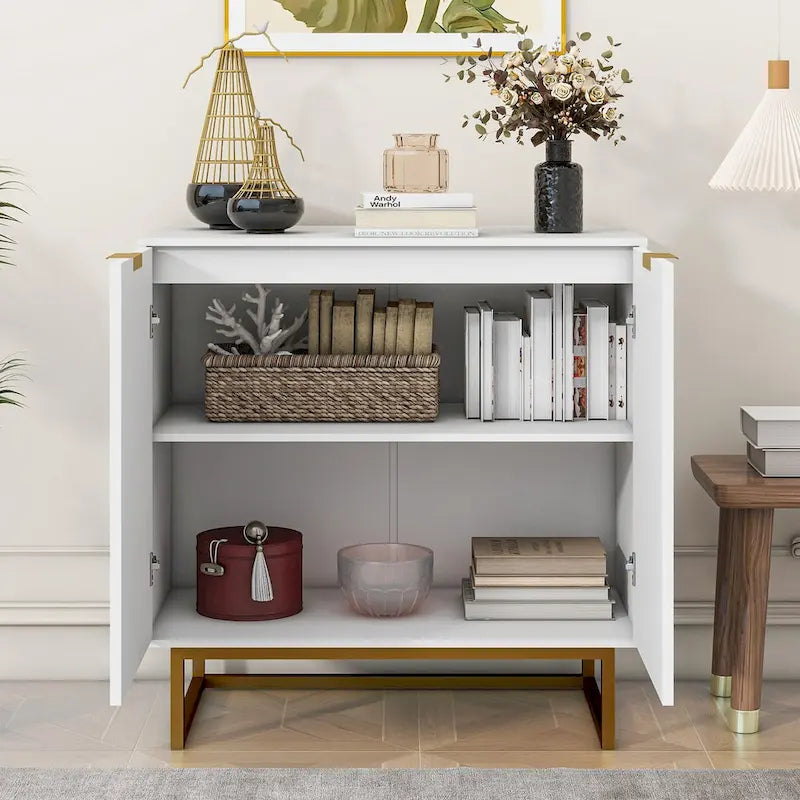 White and Gold Storage Cabinet with 2 Doors, Modern Sideboard Cabinet, Kitchen Buffet with Sideboard Buffet for Living Room
