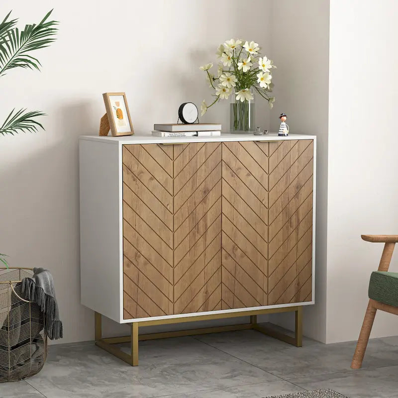 White and Gold Storage Cabinet with 2 Doors, Modern Sideboard Cabinet, Kitchen Buffet with Sideboard Buffet for Living Room