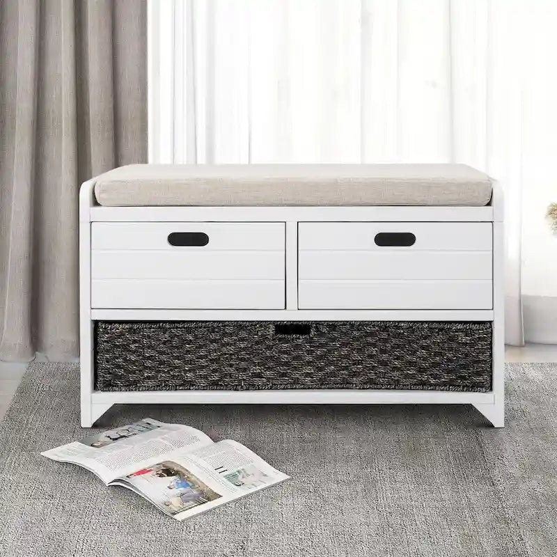 Modern Farmhouse Style Wooden Bench with 2 Drawers and a Woven Storage Basket