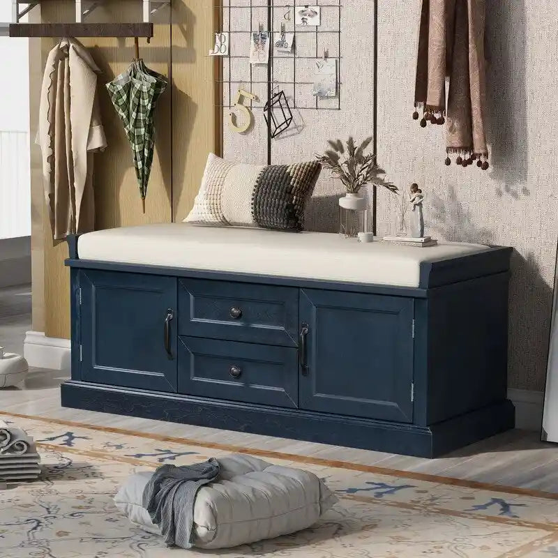 Shoe Bench Storage Bench with 2 Drawers,2 Cabinets,Removable Cushion
