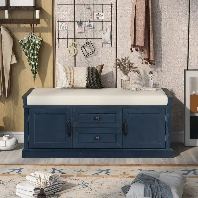 Shoe Bench Storage Bench with 2 Drawers,2 Cabinets,Removable Cushion