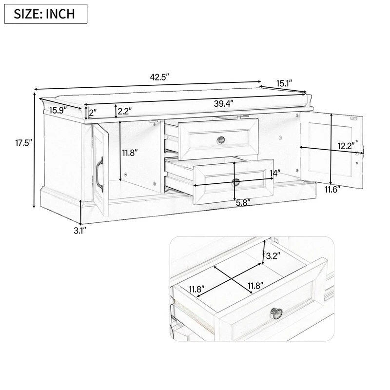 Shoe Bench Storage Bench with 2 Drawers,2 Cabinets,Removable Cushion