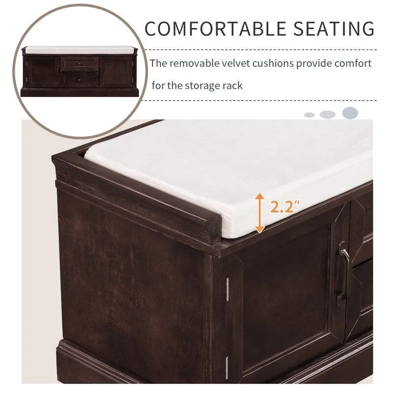 Shoe Bench Storage Bench with 2 Drawers,2 Cabinets,Removable Cushion