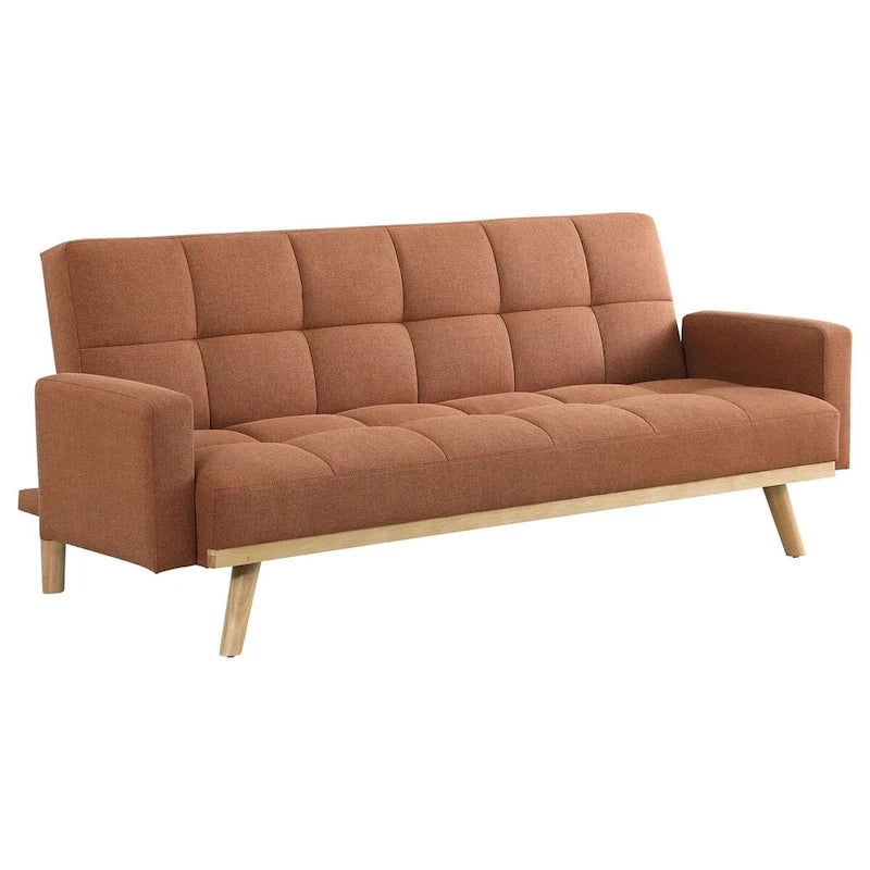 Kori 78 Inch Sofa Futon Bed with Tufted Back, Angled Legs, Orange Fabric