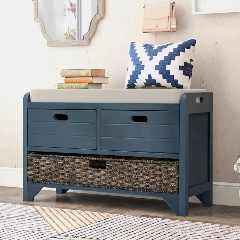 Storage Bench with Removable Basket and 2 Drawers, Fully Assembled Shoe Bench with Removable Cushion (White Washed)