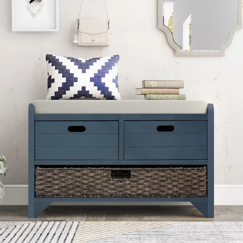 Storage Bench with Removable Basket and 2 Drawers, Fully Assembled Shoe Bench with Removable Cushion (White Washed)