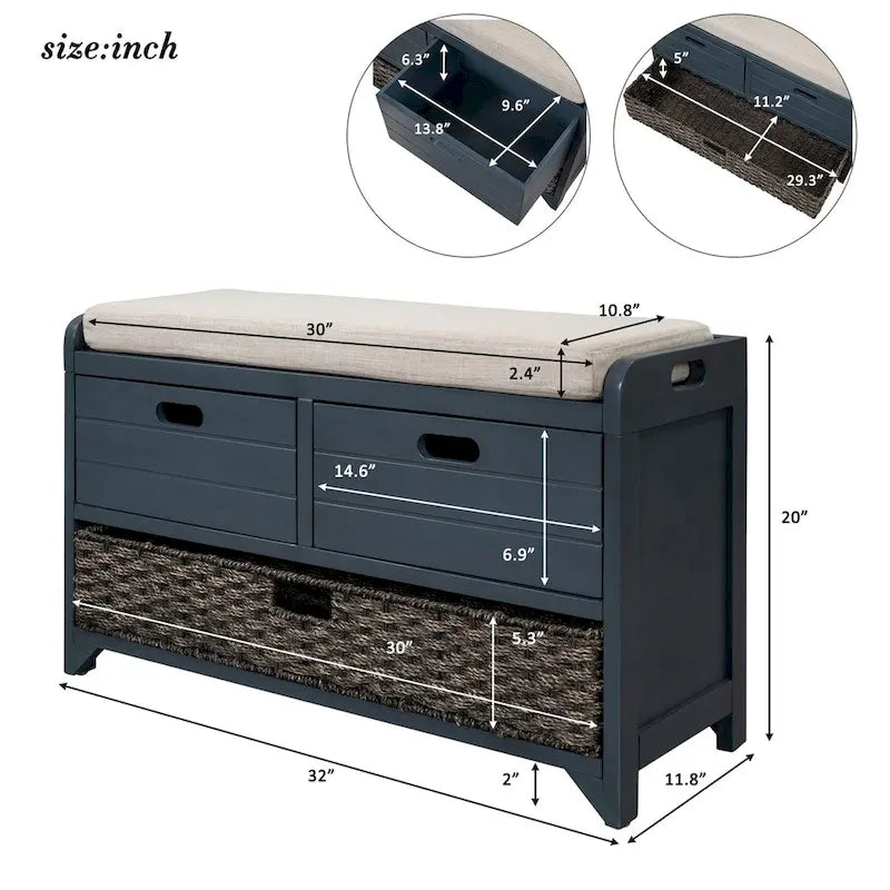 Storage Bench with Removable Basket and 2 Drawers, Fully Assembled Shoe Bench with Removable Cushion (White Washed)