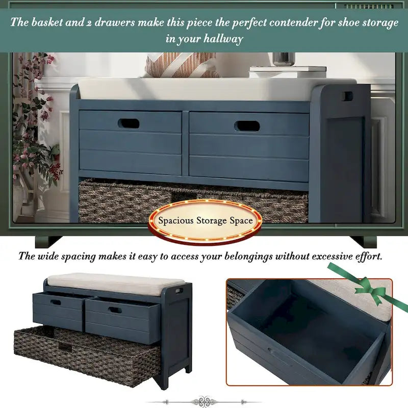 Storage Bench with Removable Basket and 2 Drawers, Fully Assembled Shoe Bench with Removable Cushion (White Washed)