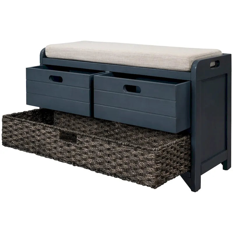 Storage Bench with Removable Basket and 2 Drawers, Fully Assembled Shoe Bench with Removable Cushion (White Washed)