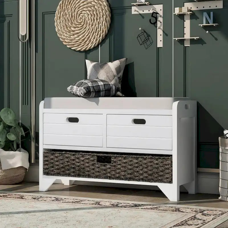 Storage Bench with Removable Basket and 2 Drawers, Fully Assembled Shoe Bench with Removable Cushion (White Washed)