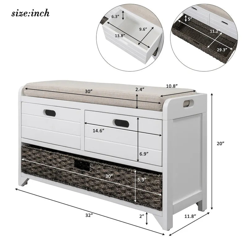 Storage Bench with Removable Basket and 2 Drawers, Fully Assembled Shoe Bench with Removable Cushion (White Washed)