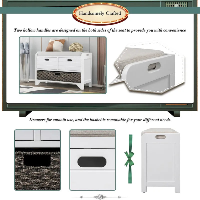 Storage Bench with Removable Basket and 2 Drawers, Fully Assembled Shoe Bench with Removable Cushion (White Washed)