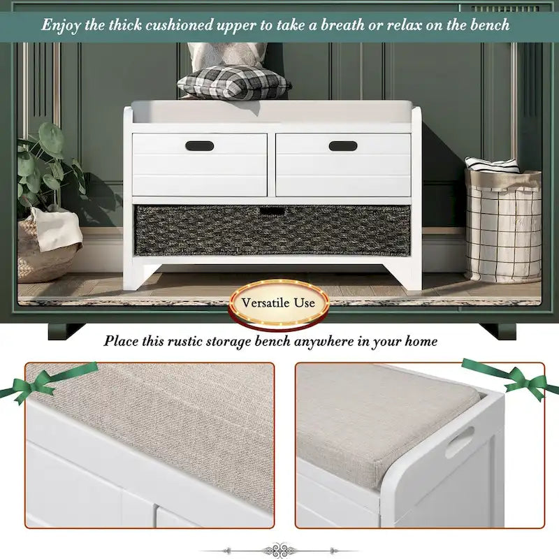 Storage Bench with Removable Basket and 2 Drawers, Fully Assembled Shoe Bench with Removable Cushion (White Washed)
