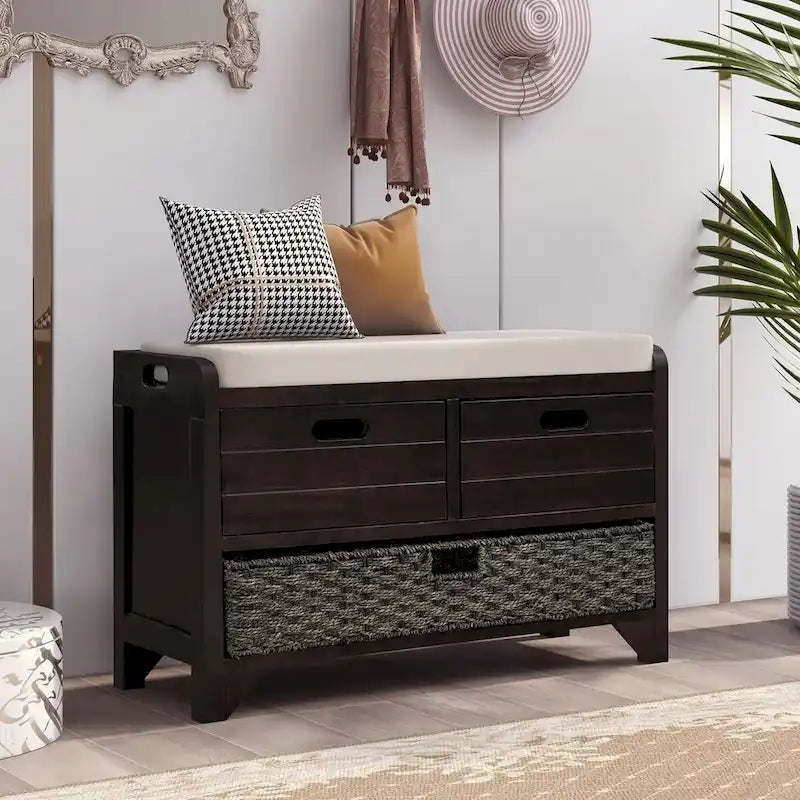 Storage Bench with Removable Basket and 2 Drawers, Fully Assembled Shoe Bench with Removable Cushion (White Washed)