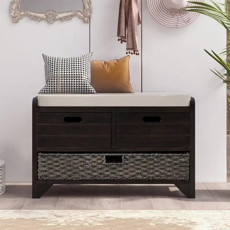 Storage Bench with Removable Basket and 2 Drawers, Fully Assembled Shoe Bench with Removable Cushion (White Washed)