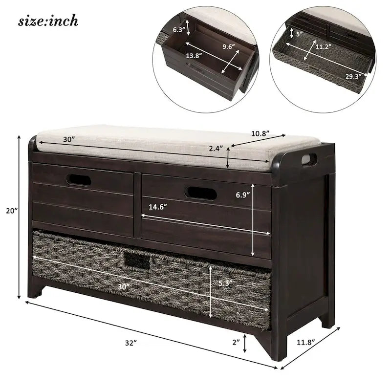 Storage Bench with Removable Basket and 2 Drawers, Fully Assembled Shoe Bench with Removable Cushion (White Washed)