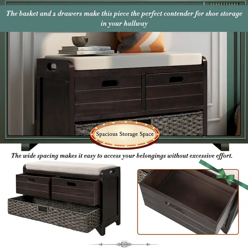 Storage Bench with Removable Basket and 2 Drawers, Fully Assembled Shoe Bench with Removable Cushion (White Washed)