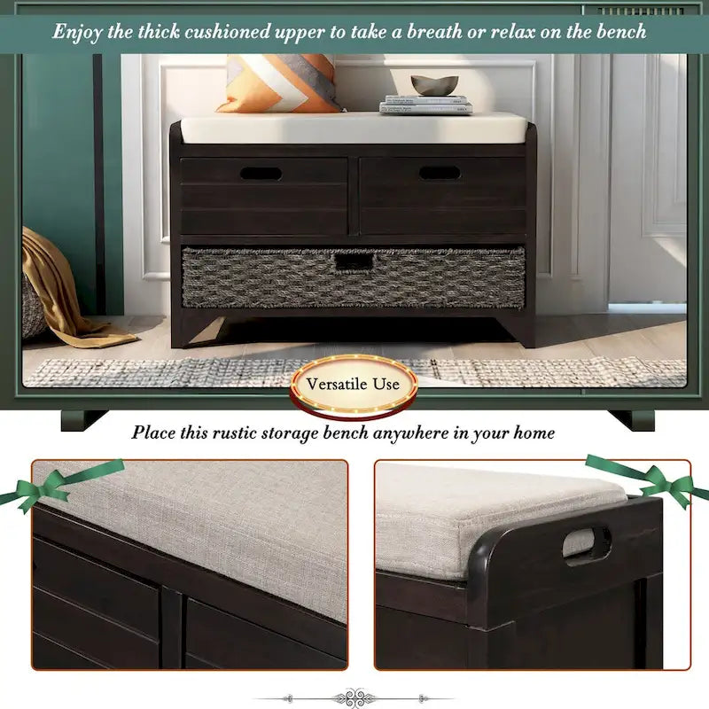 Storage Bench with Removable Basket and 2 Drawers, Fully Assembled Shoe Bench with Removable Cushion (White Washed)