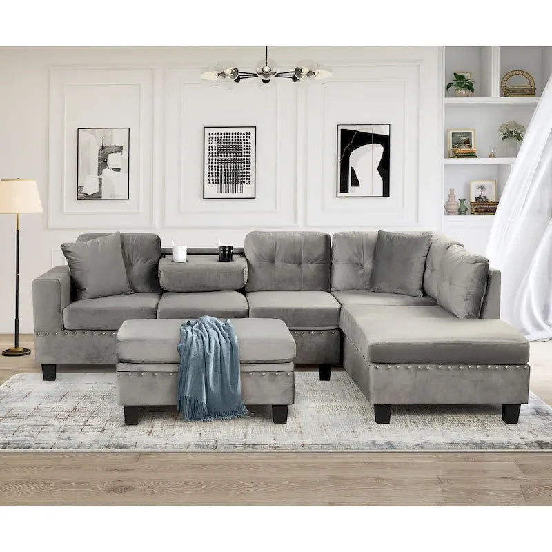 104.5-inch Modern L-shaped Sectional Sofa with Storage Ottoman and Reversible Chaise - 104.5W x 74.5D x 33.5H