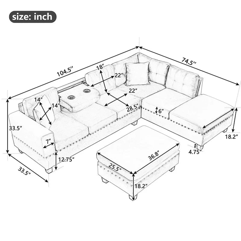 104.5-inch Modern L-shaped Sectional Sofa with Storage Ottoman and Reversible Chaise - 104.5W x 74.5D x 33.5H