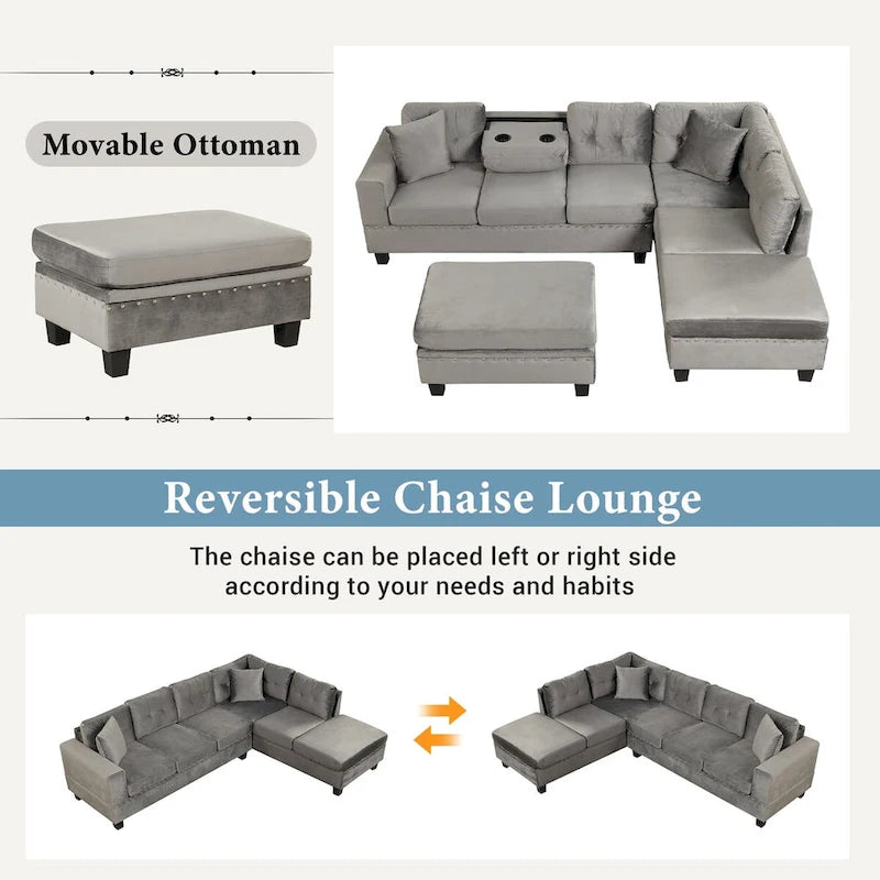 104.5-inch Modern L-shaped Sectional Sofa with Storage Ottoman and Reversible Chaise - 104.5W x 74.5D x 33.5H