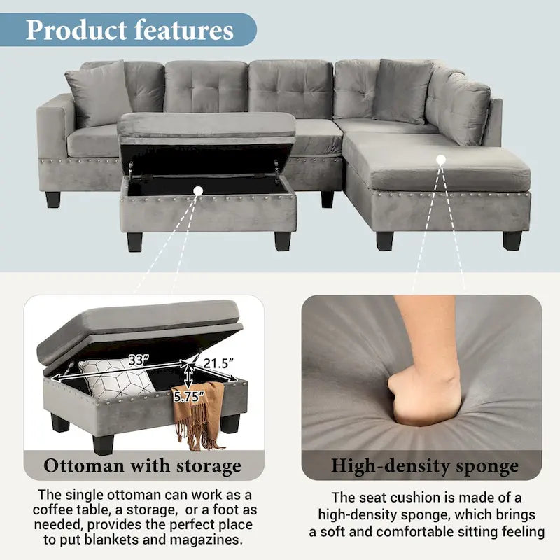 104.5-inch Modern L-shaped Sectional Sofa with Storage Ottoman and Reversible Chaise - 104.5W x 74.5D x 33.5H