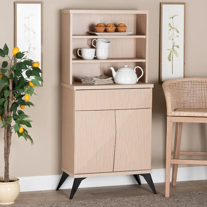 Draper Mid-Century Modern Two-Tone Light Brown and Black Wood Kitchen Cabinet
