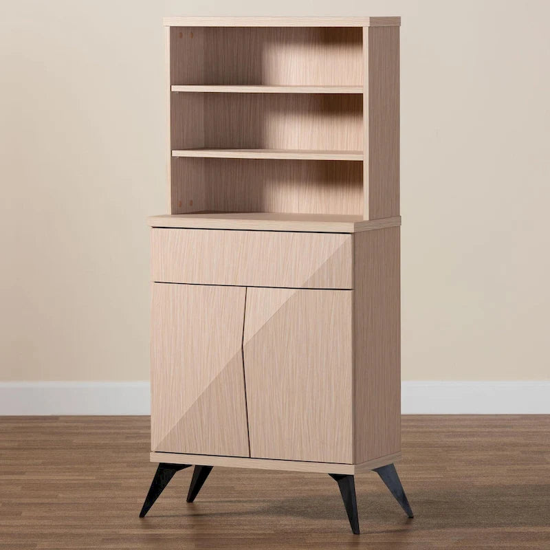 Draper Mid-Century Modern Two-Tone Light Brown and Black Wood Kitchen Cabinet