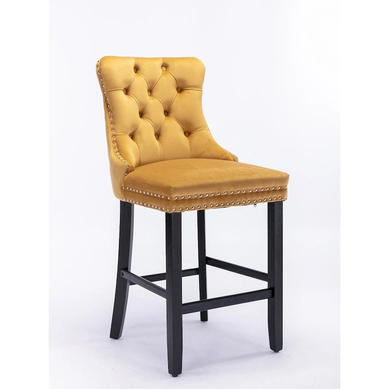 Tabourets de bar en velours avec capitonnage et pieds en bois
