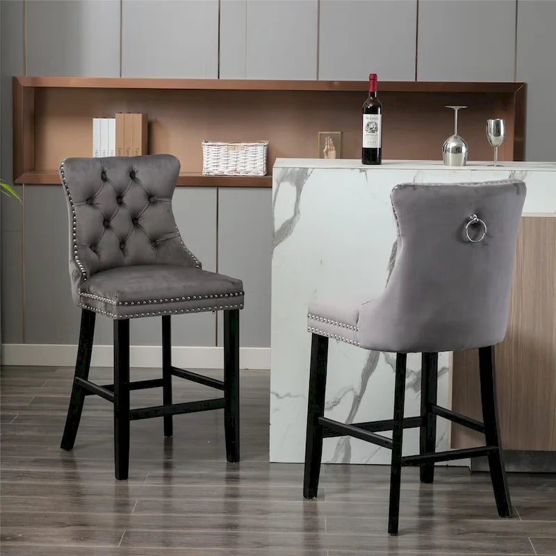 Tabourets de bar en velours avec capitonnage et pieds en bois
