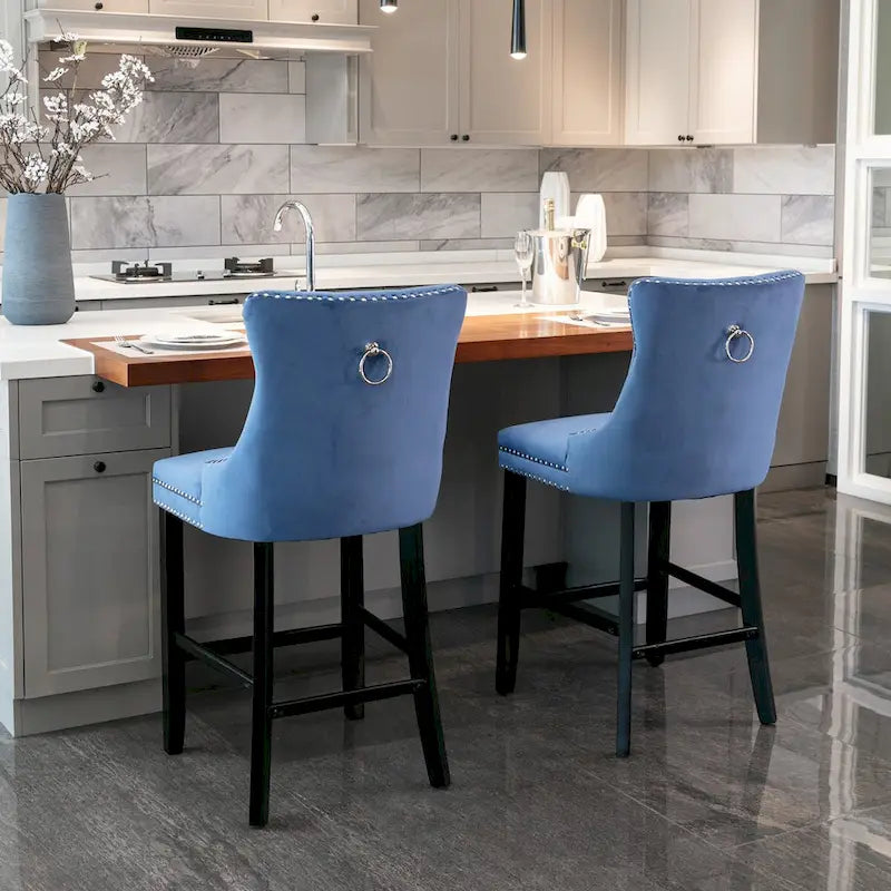 Tabourets de bar en velours avec capitonnage et pieds en bois