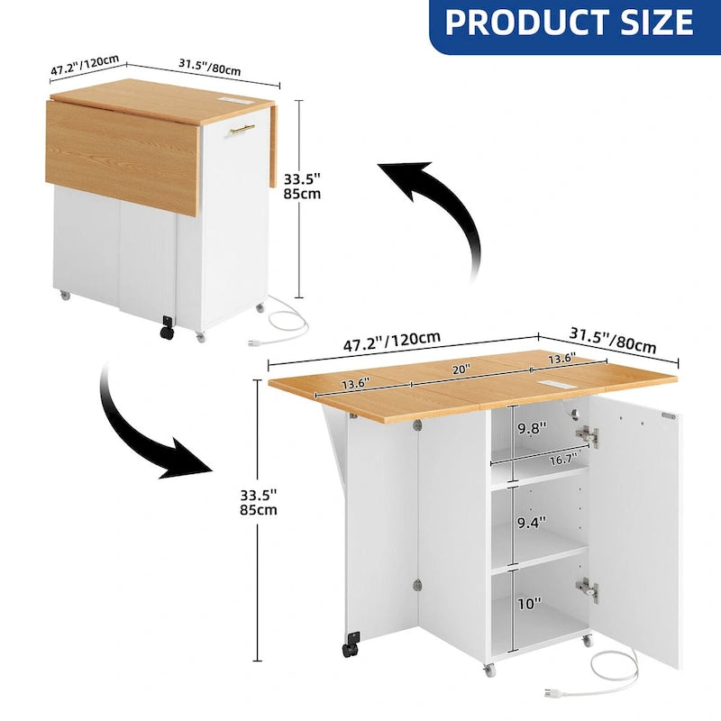 Moasis Foldable Kitchen Island With Trash Can Storage Cabinet & Power Outlet