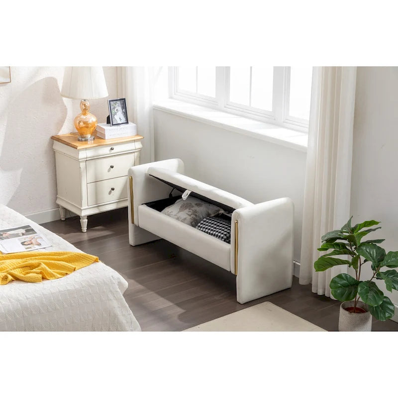 Velvet Fabric Storage Bench Bedroom Bench With Gold Metal Trim Strip For Living Room Bedroom Indoor,Ivory