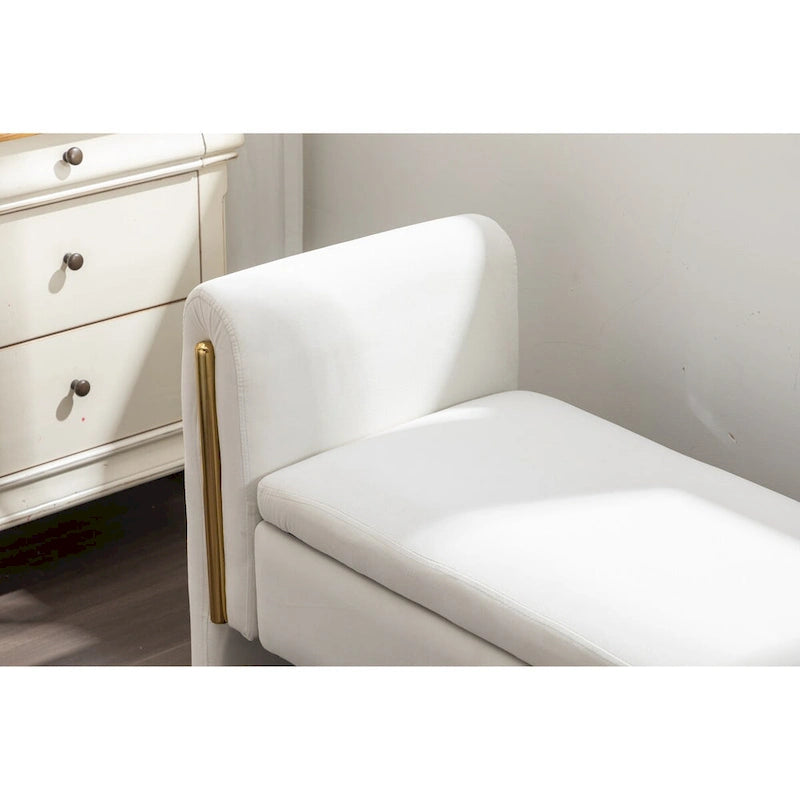 Velvet Fabric Storage Bench Bedroom Bench With Gold Metal Trim Strip For Living Room Bedroom Indoor,Ivory