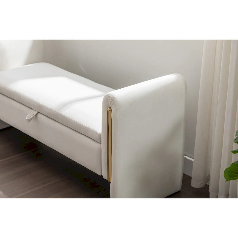 Velvet Fabric Storage Bench Bedroom Bench With Gold Metal Trim Strip For Living Room Bedroom Indoor,Ivory