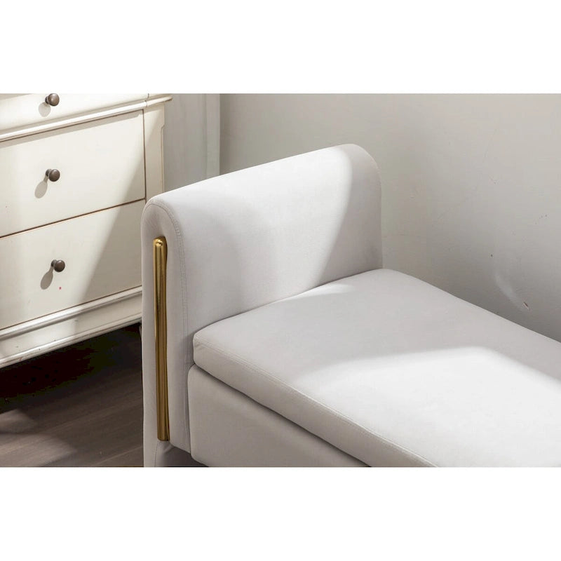 Velvet Fabric Storage Bench Bedroom Bench With Gold Metal Trim Strip For Living Room Bedroom Indoor,Ivory