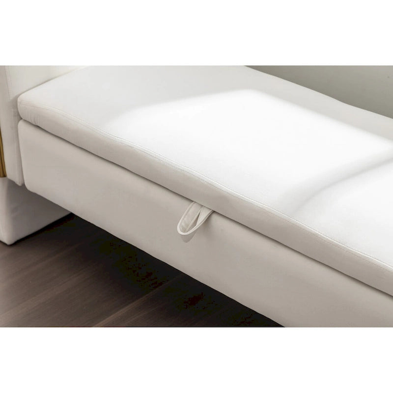 Velvet Fabric Storage Bench Bedroom Bench With Gold Metal Trim Strip For Living Room Bedroom Indoor,Ivory