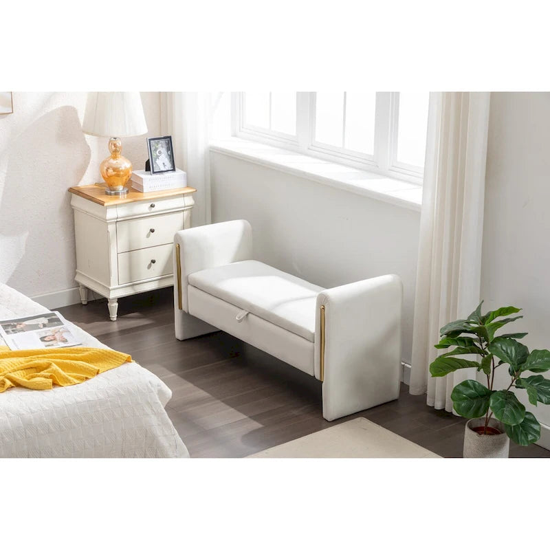 Velvet Fabric Storage Bench Bedroom Bench With Gold Metal Trim Strip For Living Room Bedroom Indoor,Ivory