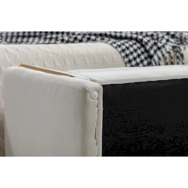 Velvet Fabric Storage Bench Bedroom Bench With Gold Metal Trim Strip For Living Room Bedroom Indoor,Ivory