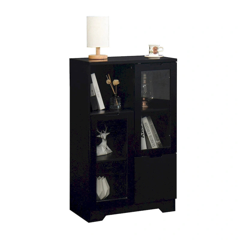 Wooden Floor Cabinet with 2 Glass Doors and 2 Storage Space,Living Room Bathroom Entryway